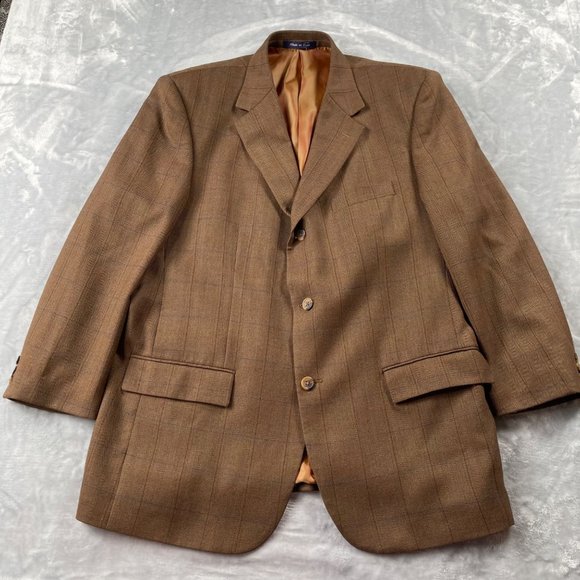 Alan Flusser Sport Coat 44R Brown Worsted Wool Three Button Herringbone Plaid